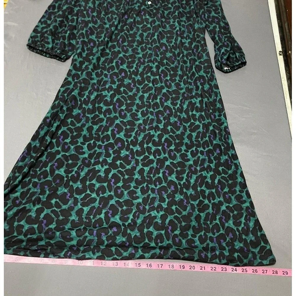 NWT J.Jill Medium Green Black Leopard Print Maxi Shift Dress Long Sleeve Size M